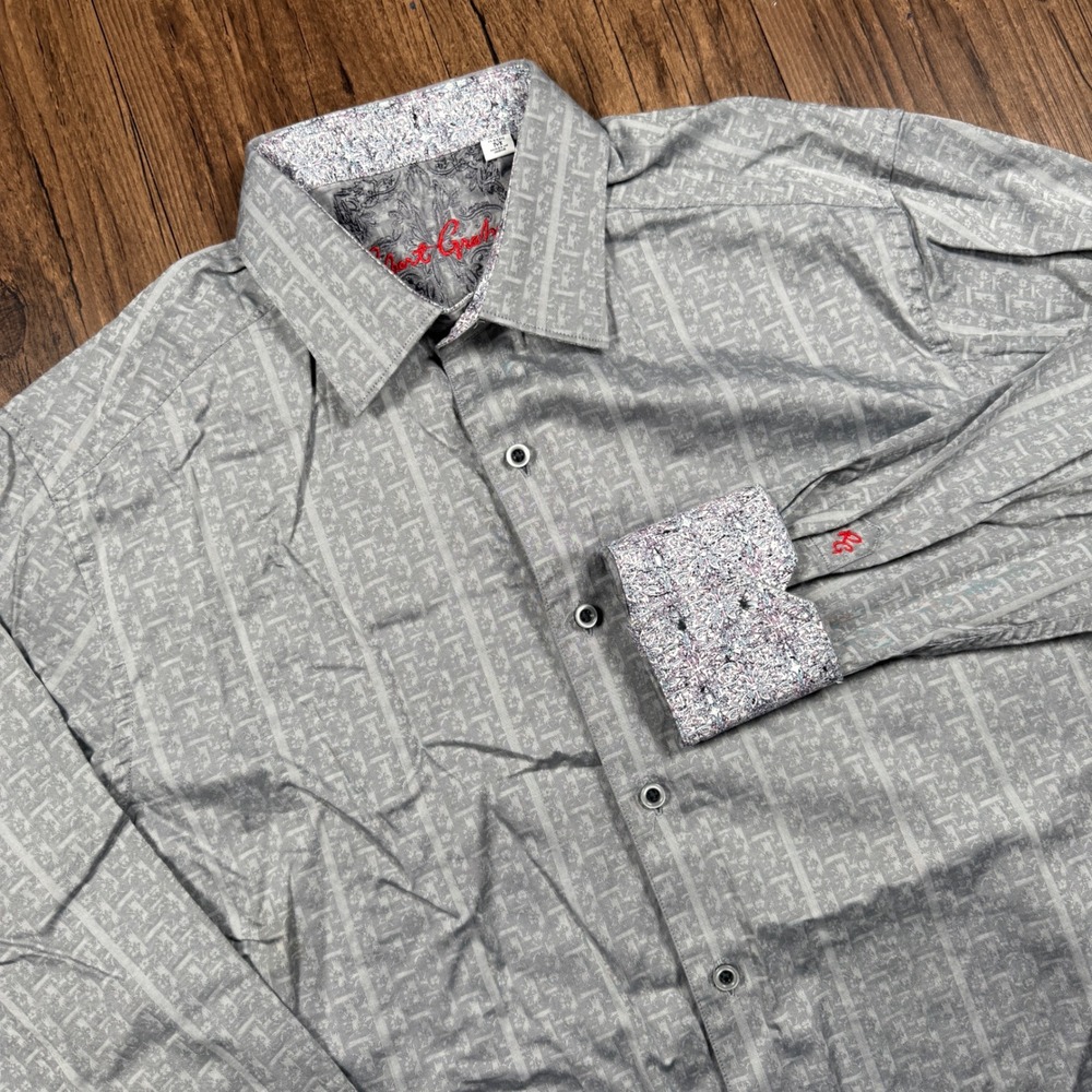 Robert Graham Shirt Mens M Grey Geometric Jacquard Flip Cuff Abstract Bold Loud